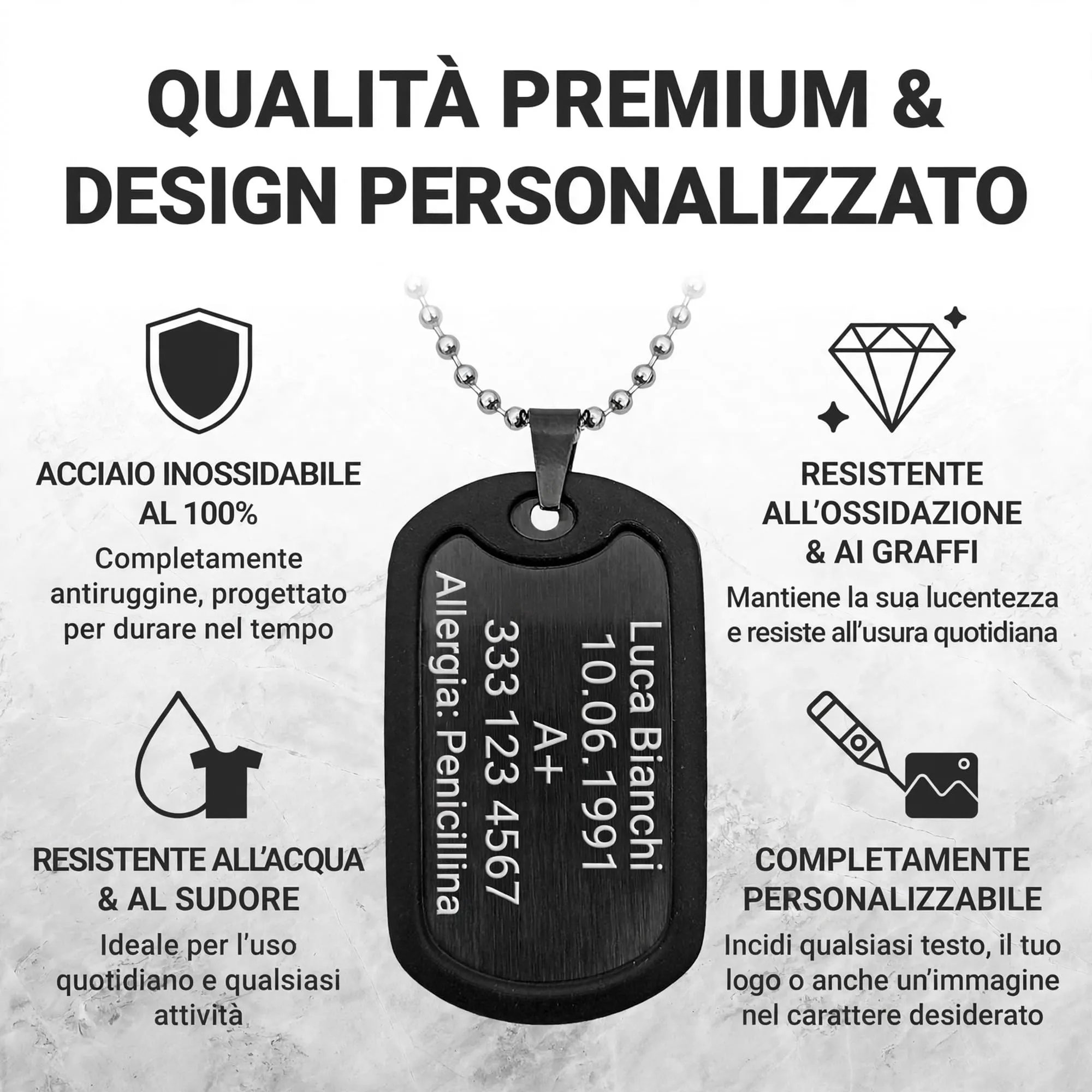 Generisch Dog Tag Personalizzato in Acciaio Inox 316L con Incisione Laser, Nero - immagine 2
