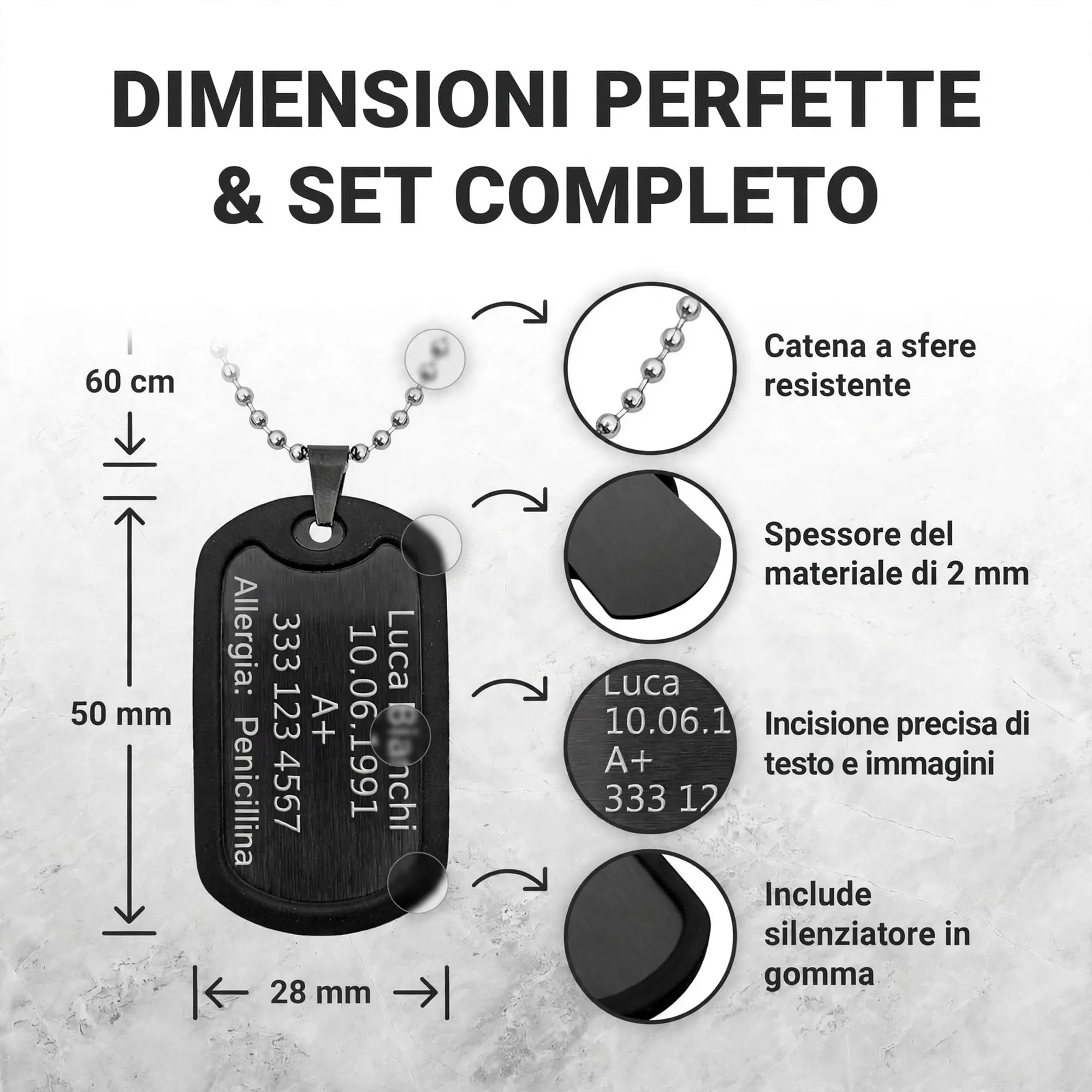 Generisch Dog Tag Personalizzato in Acciaio Inox 316L con Incisione Laser, Nero - immagine 3