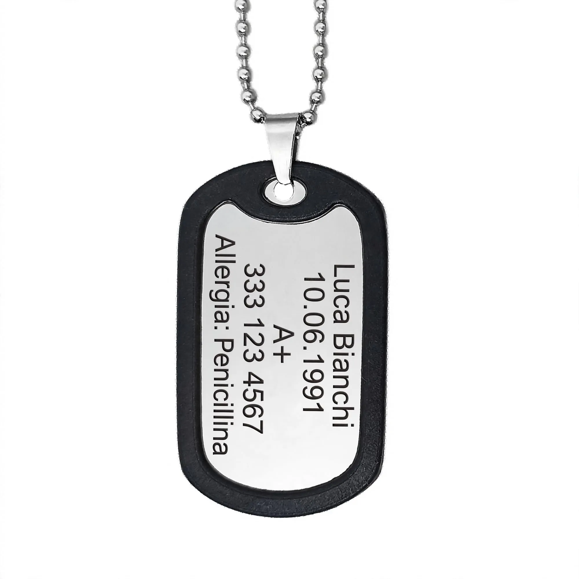 Dog Tag Personalizzato in Acciaio Inox 316L con Incisione Laser, Argento Lucido - Include Catenina, Clip e Silenziatore - immagine 1