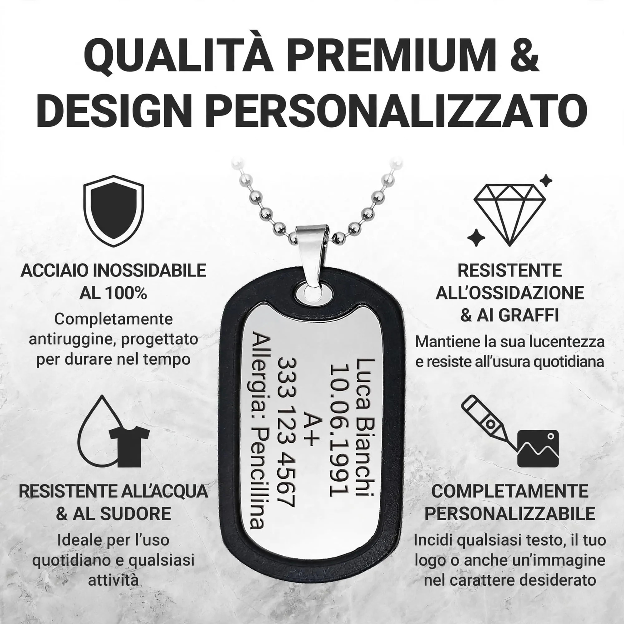 Dog Tag Personalizzato in Acciaio Inox 316L con Incisione Laser, Argento Lucido - Include Catenina, Clip e Silenziatore - immagine 2