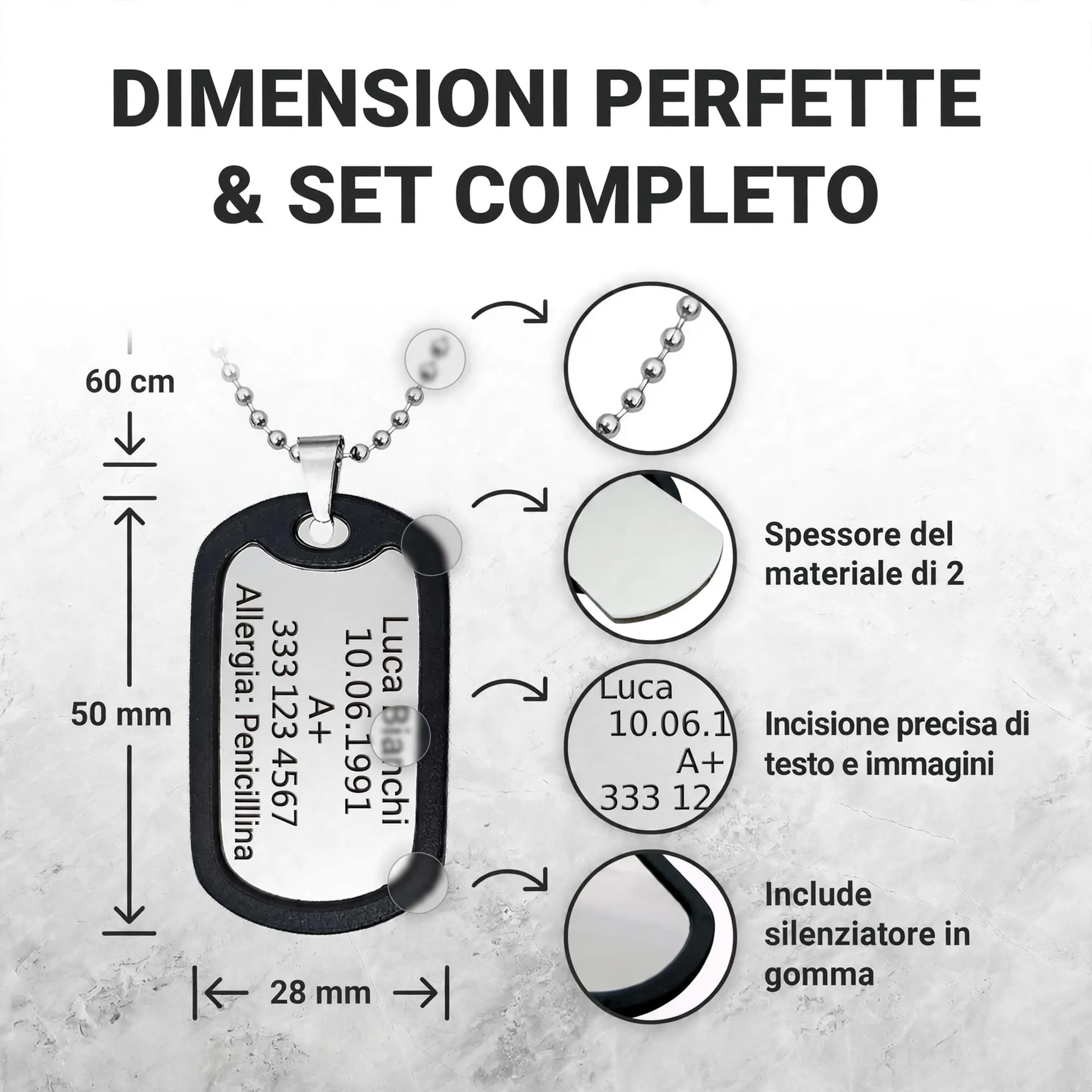 Dog Tag Personalizzato in Acciaio Inox 316L con Incisione Laser, Argento Lucido - Include Catenina, Clip e Silenziatore - immagine 3