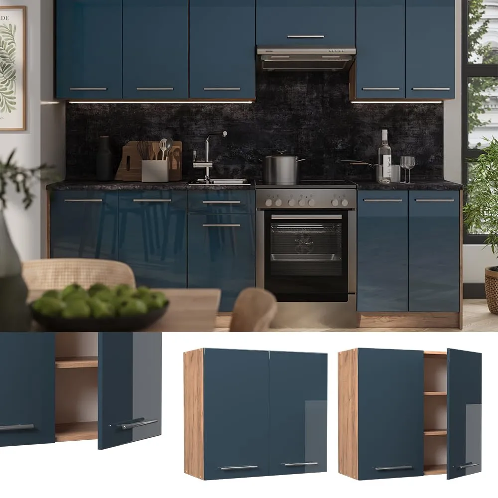 Vicco Pensile da cucina Fame-Line, Blu scuro lucido/Rovere dorato, 80 cm - immagine 2
