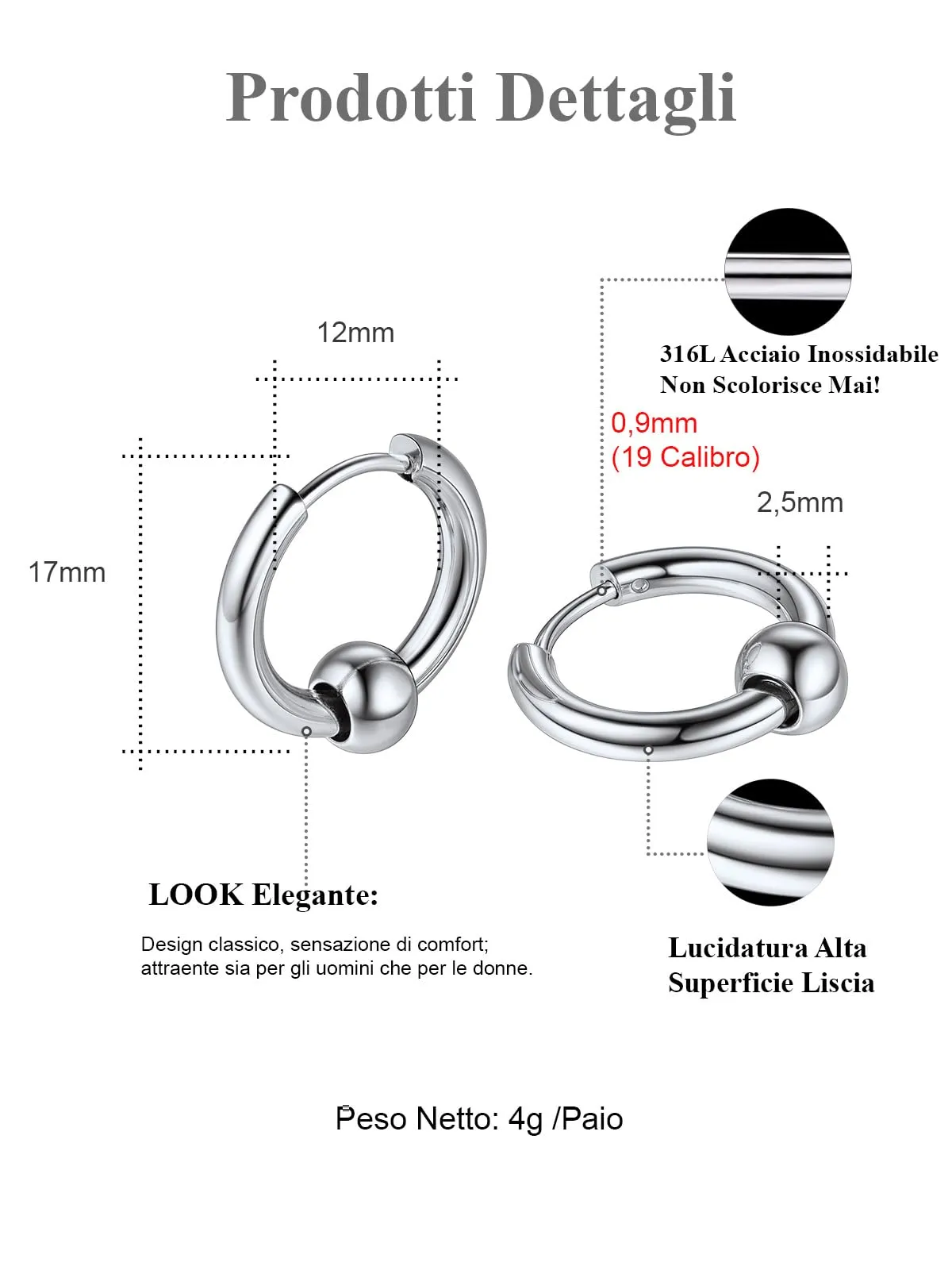 FOCALOOK Orecchini a Cerchio da Uomo in Acciaio Inossidabile Argento, 17 mm - immagine 4
