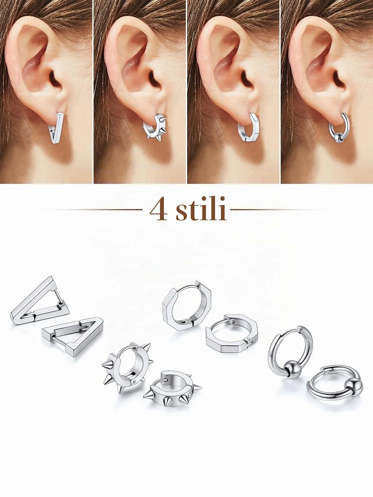 FOCALOOK Set Orecchini Uomo Cerchio Argento in Acciaio Inossidabile - immagine 2
