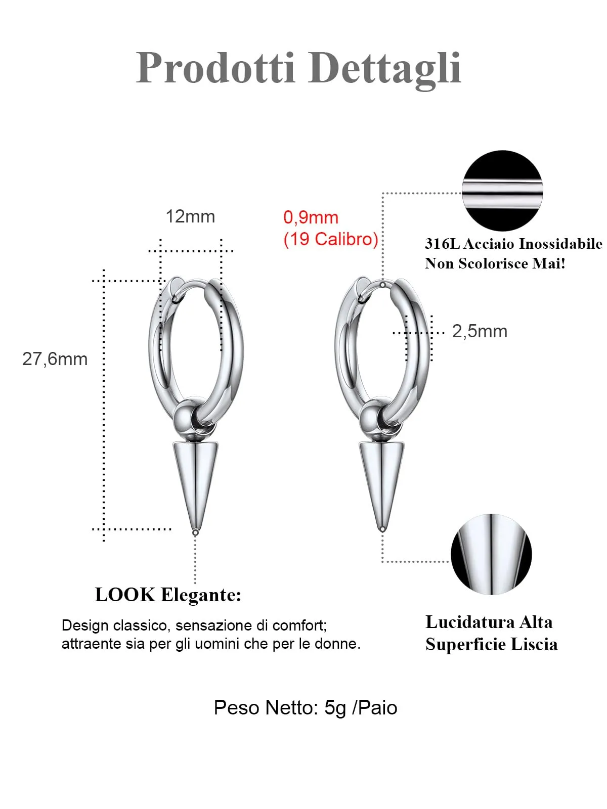FOCALOOK Orecchini a Cerchio in Acciaio Inossidabile Argento per Uomo, 12 mm - immagine 4
