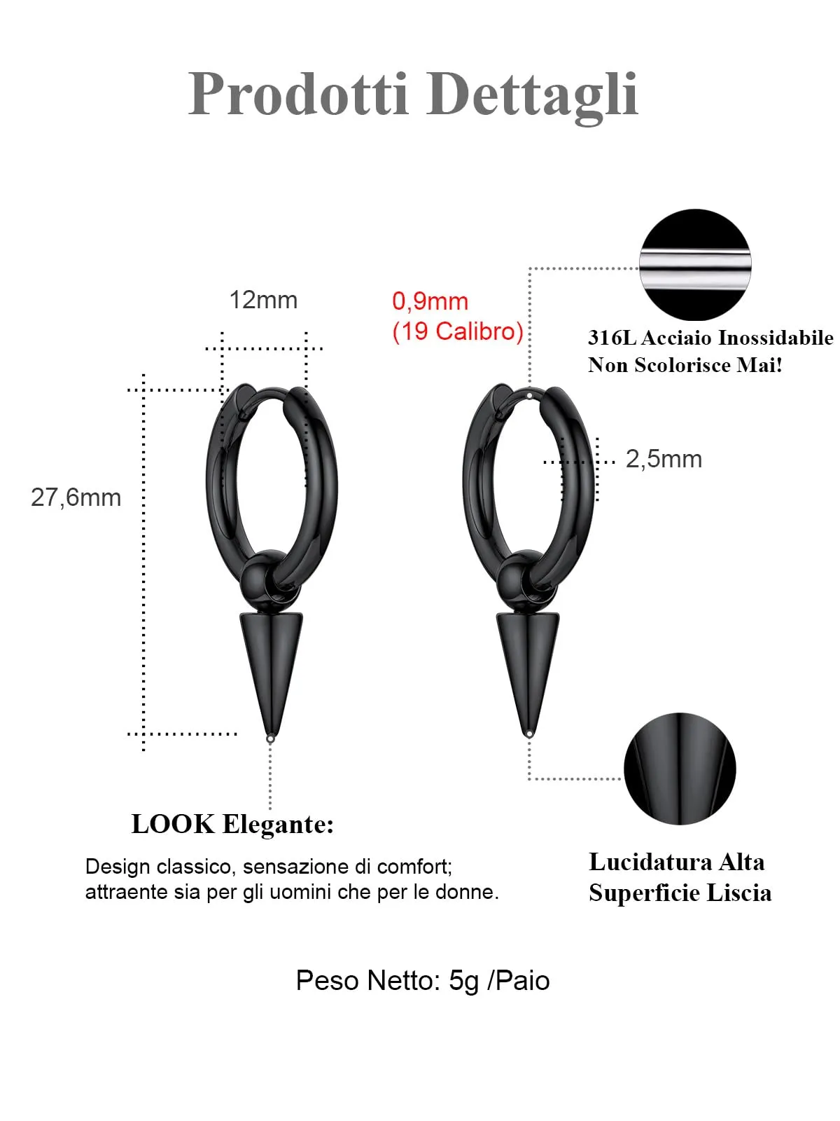 FOCALOOK Nero Orecchini Uomo Cerchio Acciaio Inossidabile - immagine 4