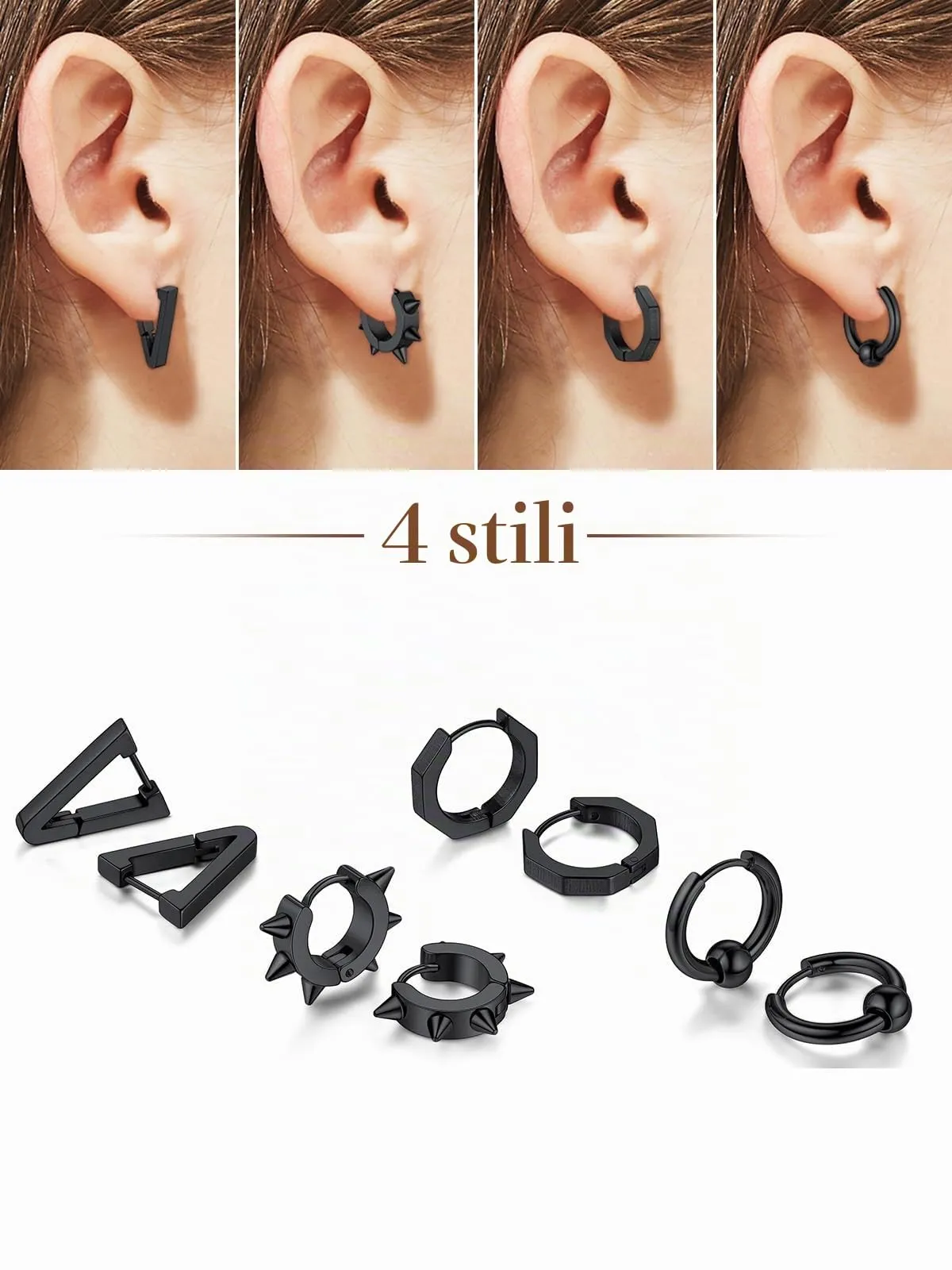FOCALOOK Set Orecchini Uomo Cerchio Nero Acciaio Inossidabile, 9 mm - immagine 2