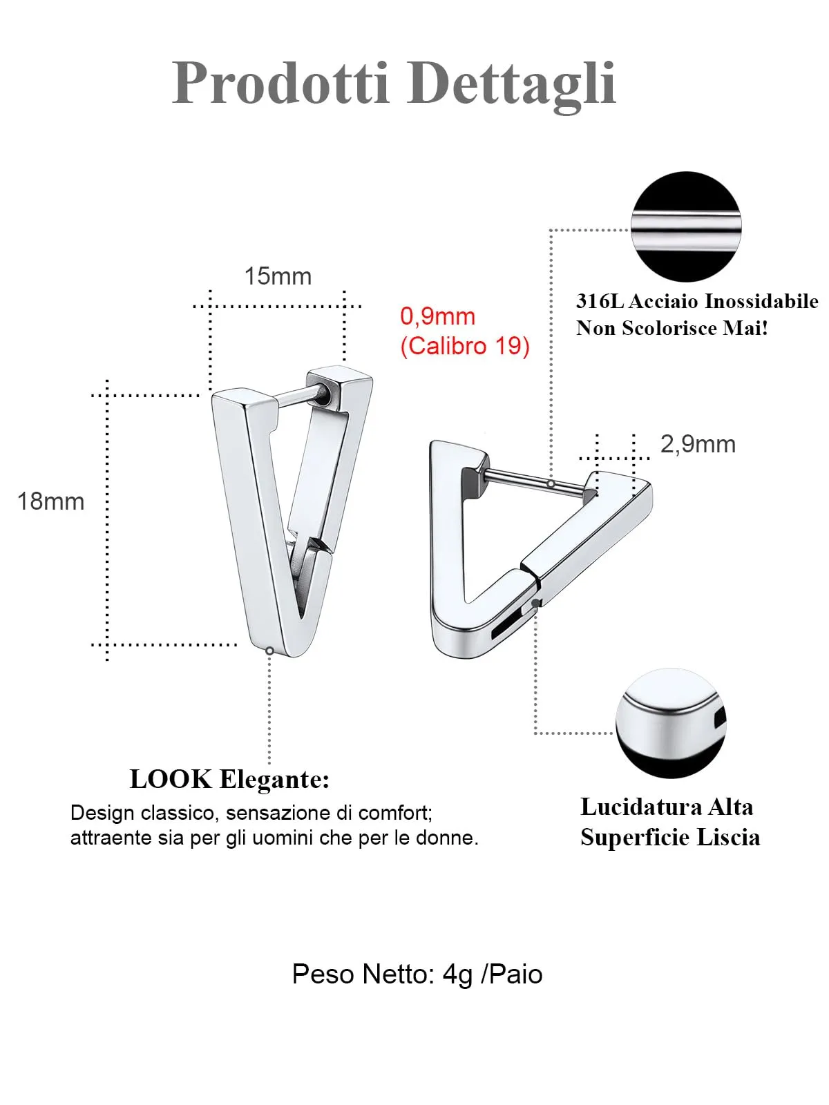 FOCALOOK Orecchini Uomo Cerchio Triangolari in Acciaio Inossidabile, Argento - immagine 4