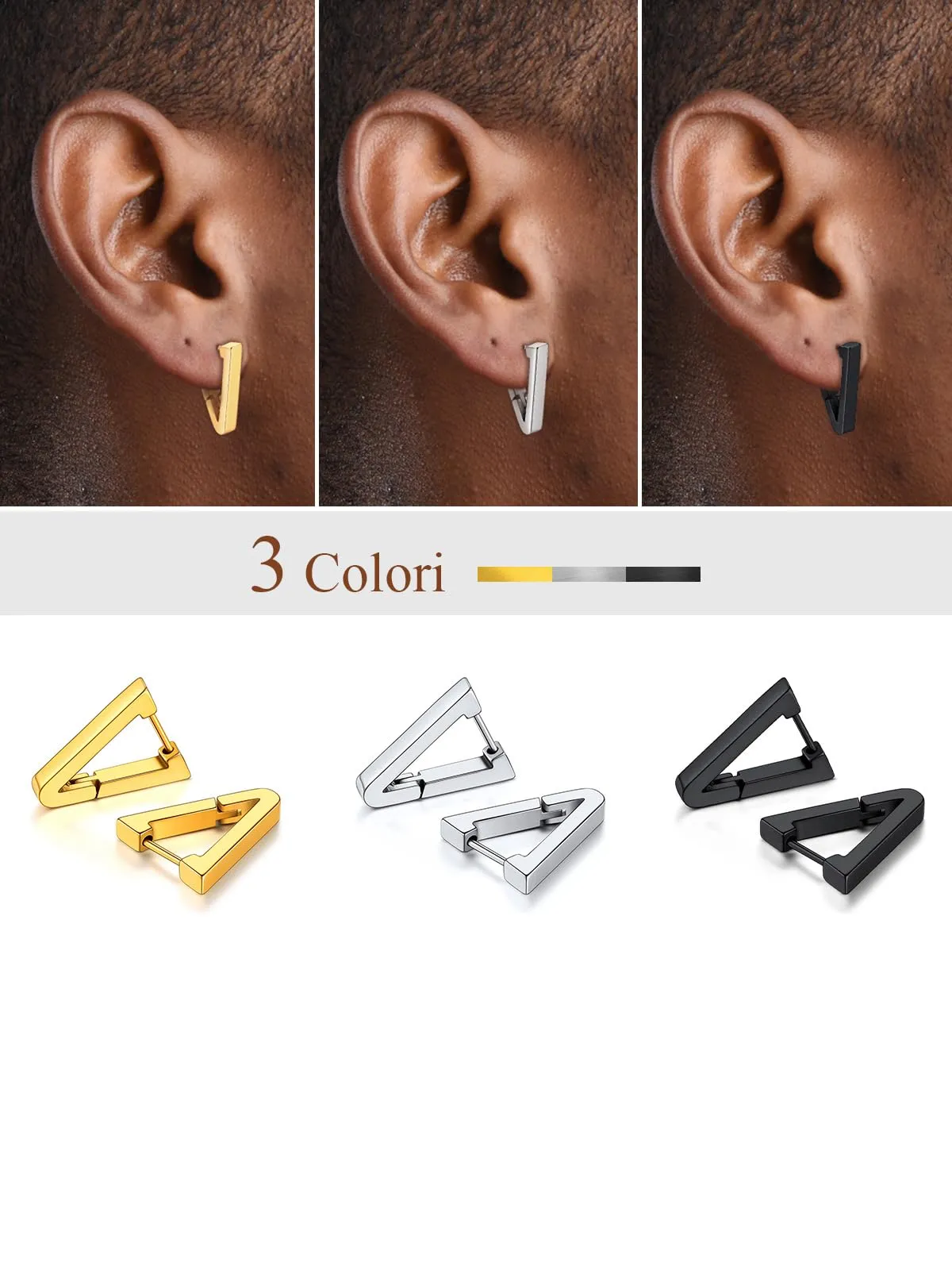 FOCALOOK Orecchini Uomo Cerchio Triangolari in Acciaio Inossidabile, Argento - immagine 5
