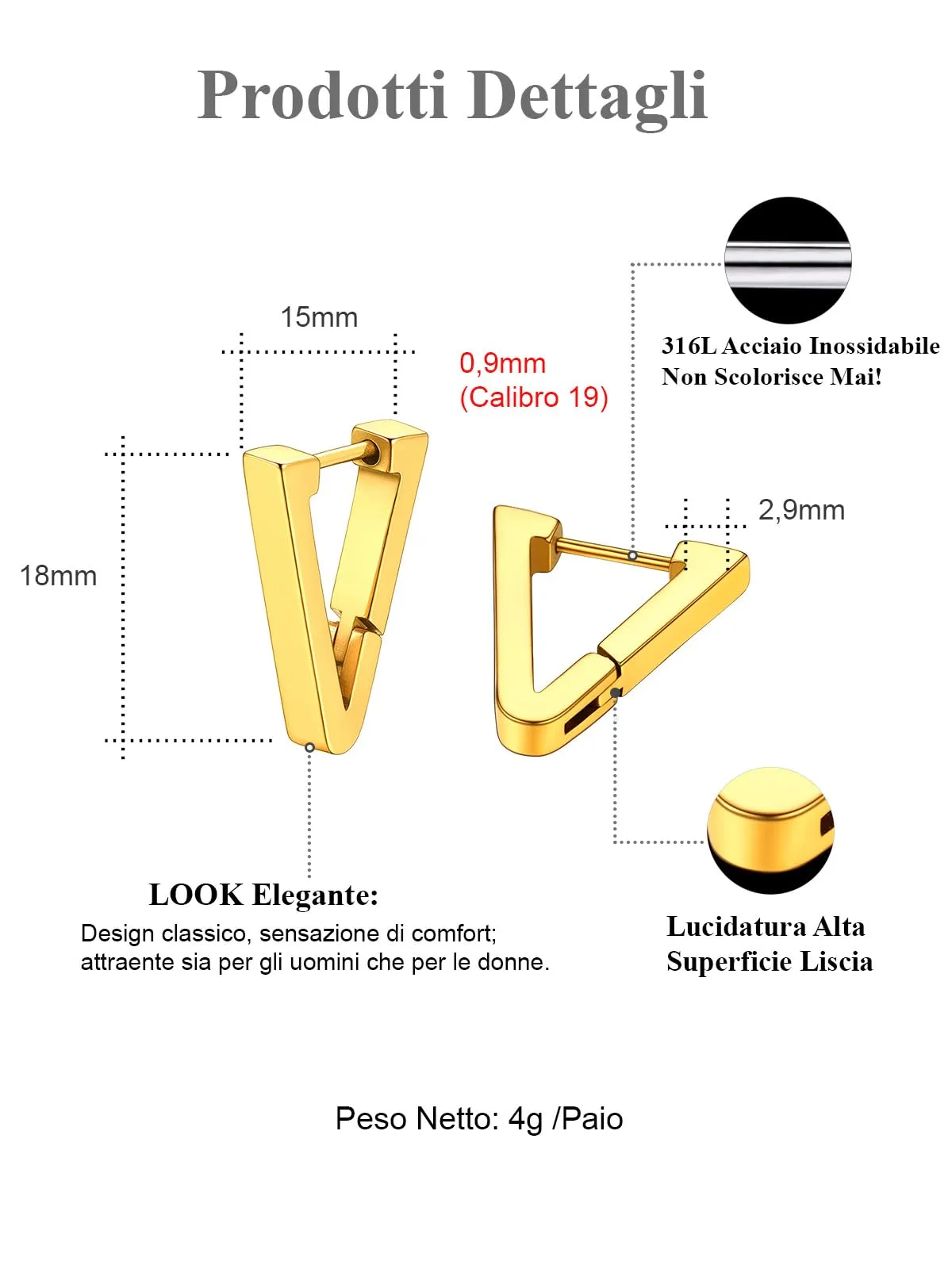 FOCALOOK Orecchini Uomo Cerchio Triangolari in Acciaio Inossidabile Oro - immagine 4