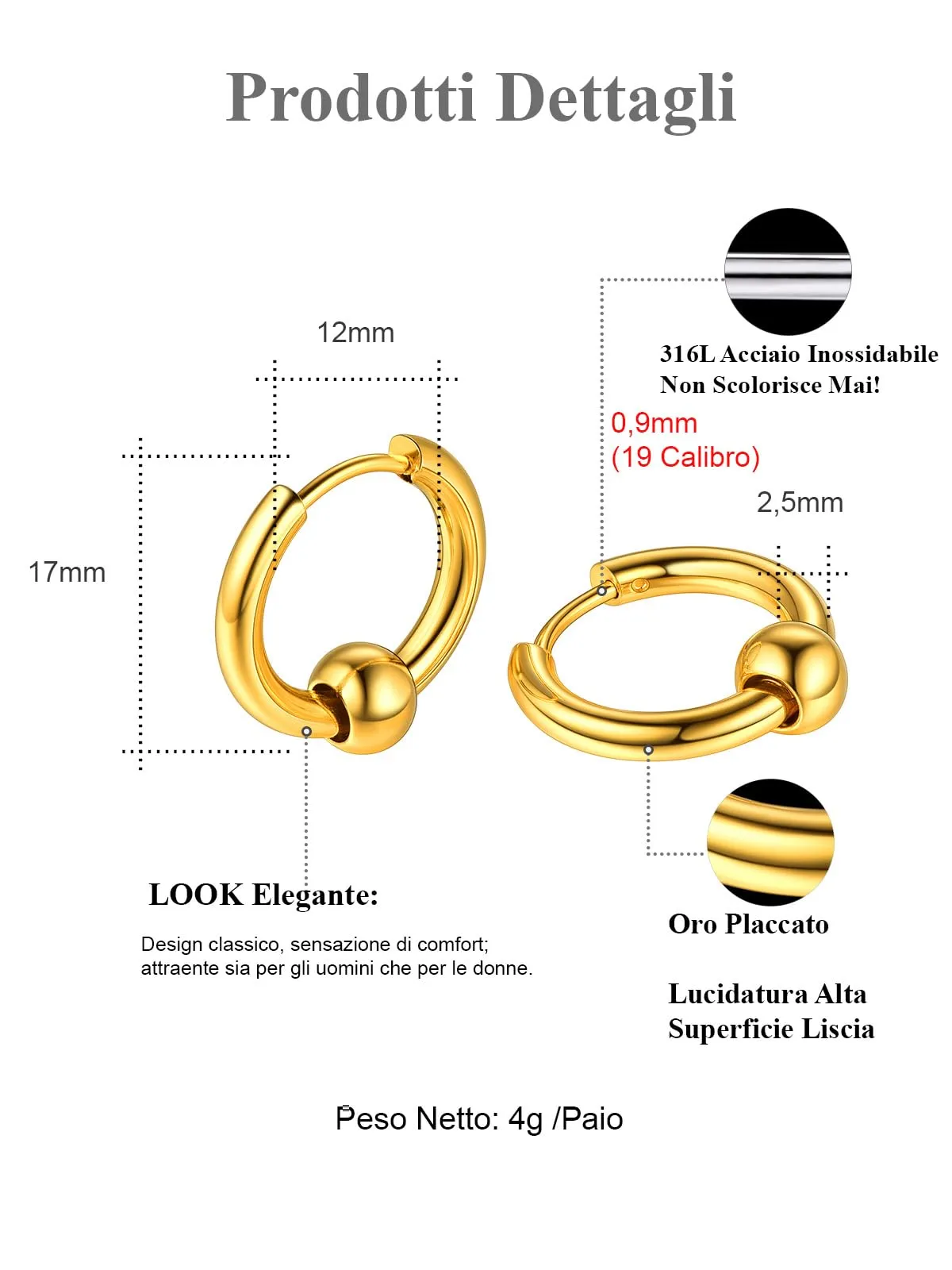 FOCALOOK Orecchini a Cerchio Uomo in Acciaio Inossidabile Oro - immagine 4