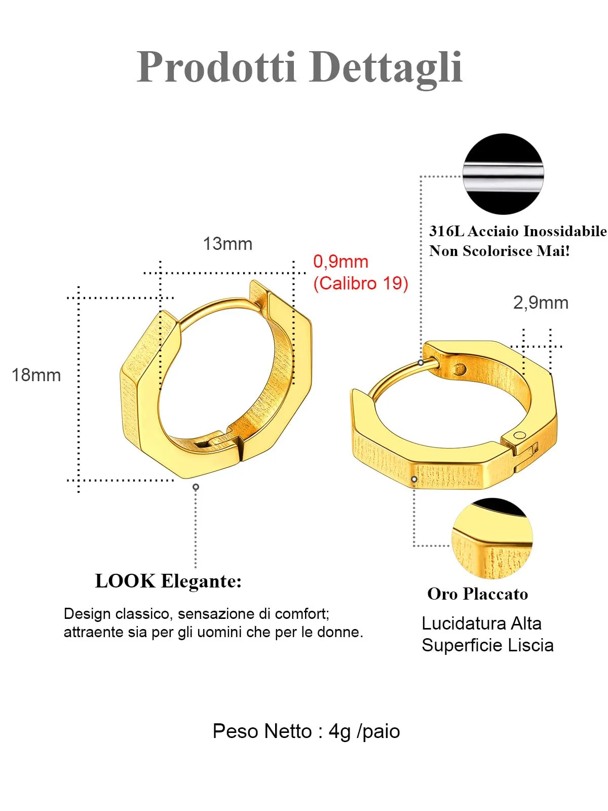 FOCALOOK Orecchini a Cerchio Oro per Uomo in Acciaio Inossidabile, 13 mm - immagine 4