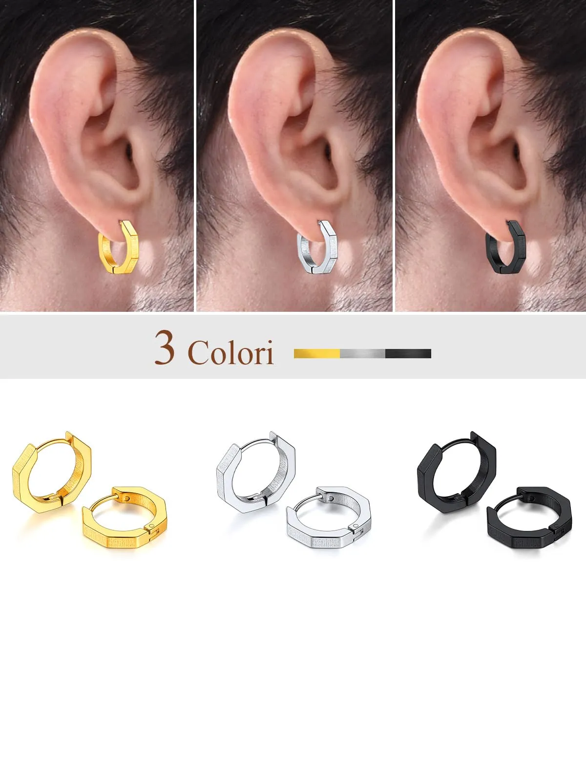 FOCALOOK Orecchini a Cerchio Oro per Uomo in Acciaio Inossidabile, 13 mm - immagine 5