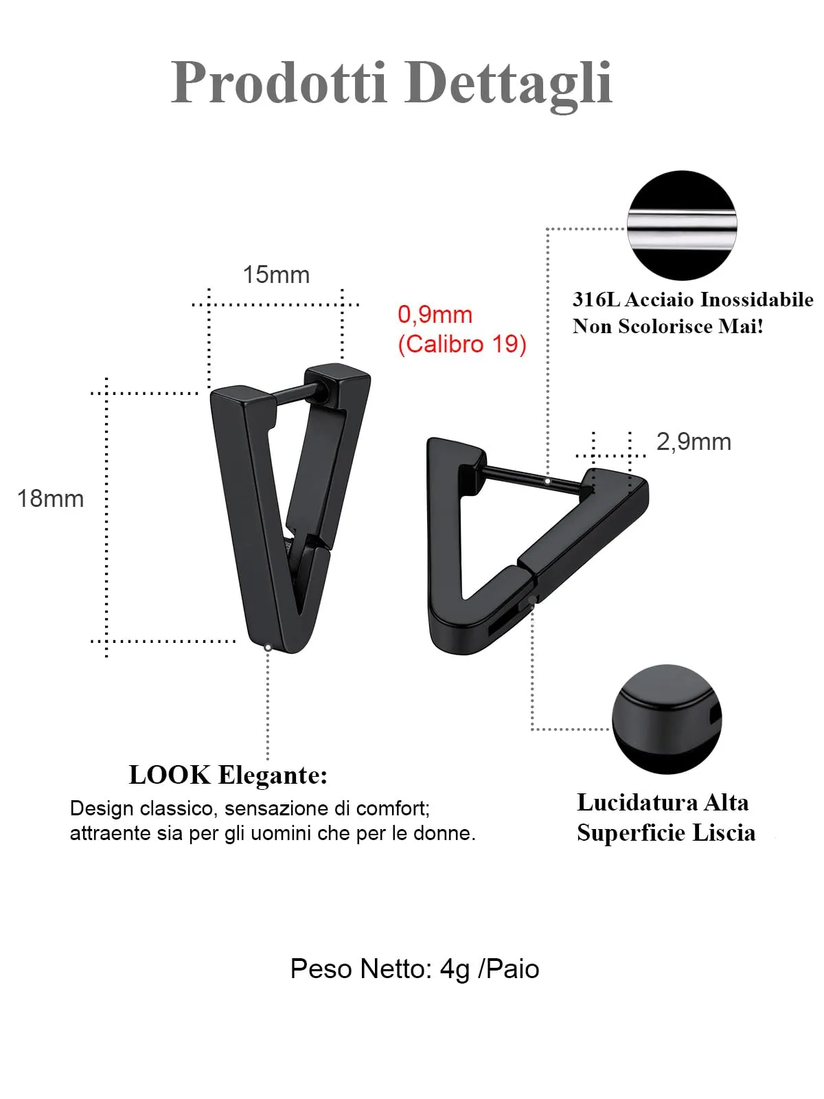 FOCALOOK Orecchini Uomo Cerchio Triangolari in Acciaio Inossidabile Nero - immagine 4