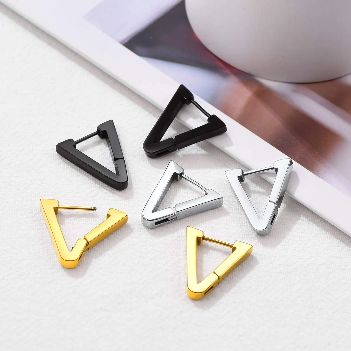 FOCALOOK Orecchini Uomo Cerchio Triangolari in Acciaio Inossidabile Nero - immagine 7