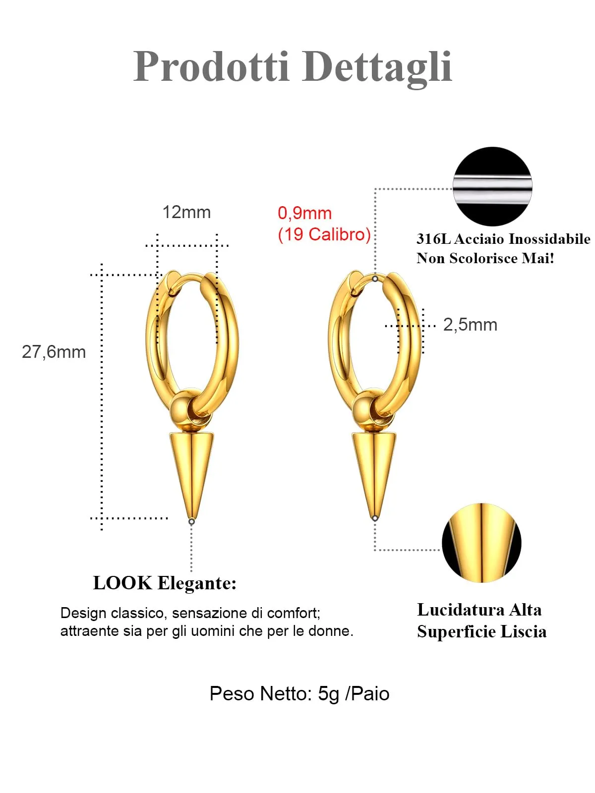 FOCALOOK Orecchini a Cerchio Uomo in Acciaio Inossidabile Oro - immagine 4