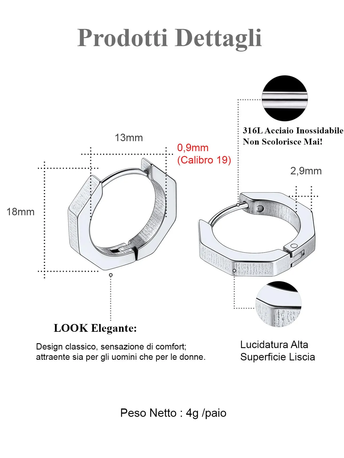 FOCALOOK Orecchini a Cerchio da Uomo in Acciaio Inossidabile, Argento, 18 mm - immagine 4