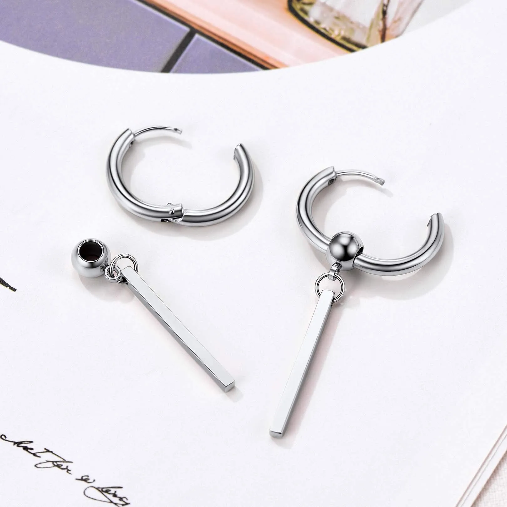 FOCALOOK Orecchini Uomo Cerchio Lunghi Pendenti in Acciaio Inossidabile, Argento - immagine 6