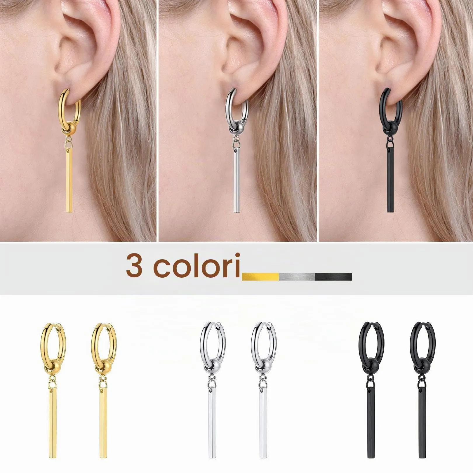 FOCALOOK Orecchini Uomo Cerchio Lunghi Pendenti in Acciaio Inossidabile, Argento - immagine 8