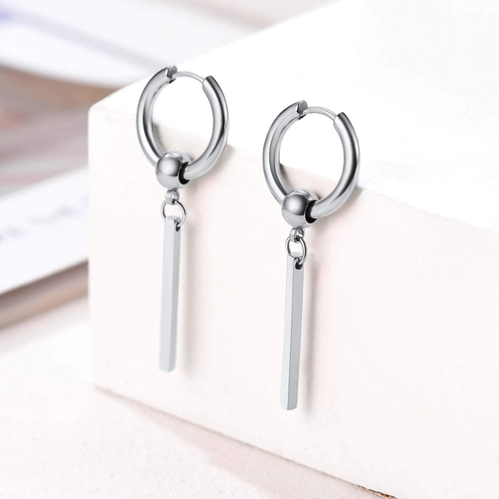 FOCALOOK Orecchini Uomo Cerchio Lunghi Pendenti in Acciaio Inossidabile, Argento - immagine 9