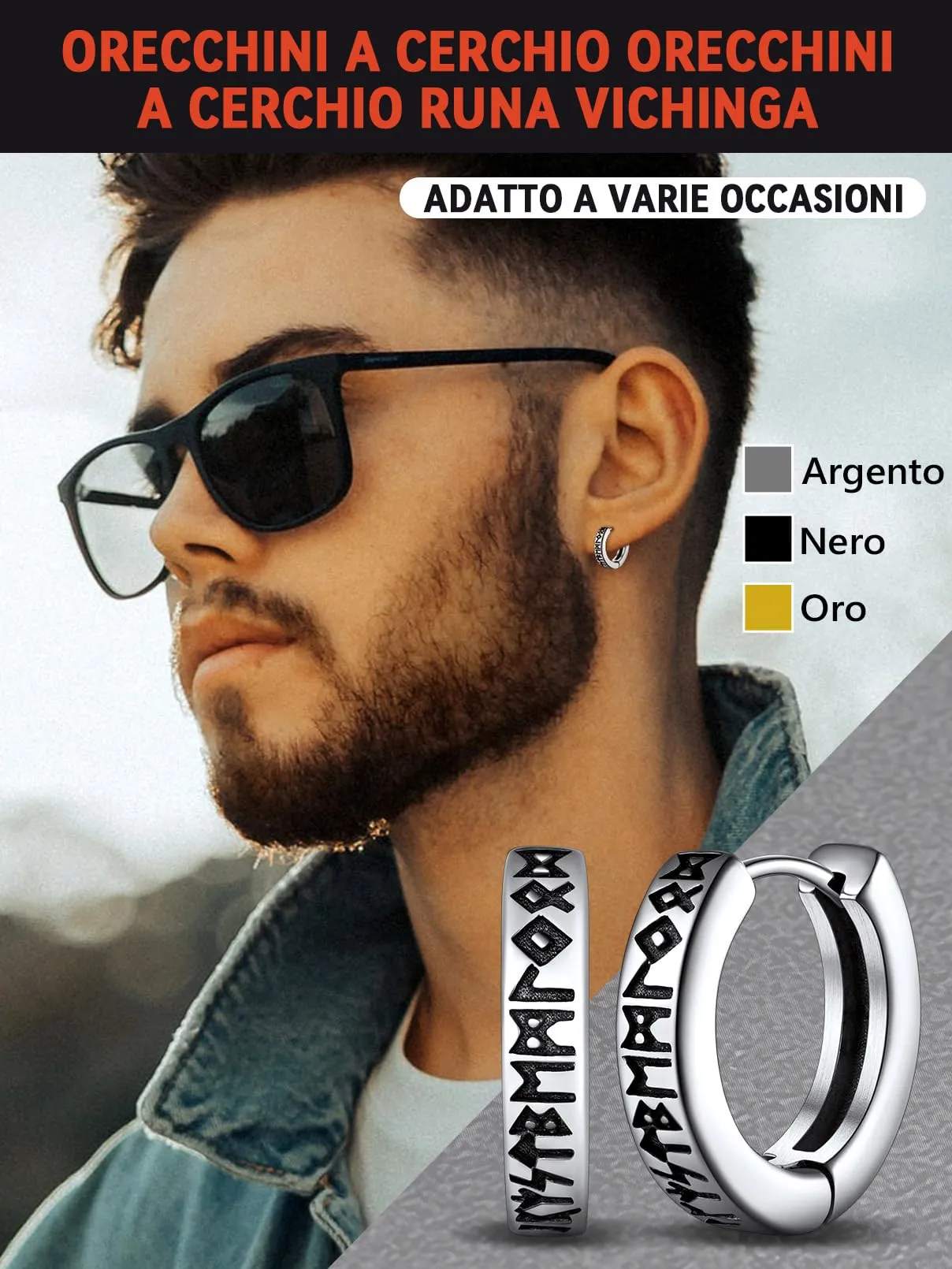 FaithHeart Orecchini Cerchio Rune Vichinghe e Celtiche in Acciaio Inox con Onice - immagine 2