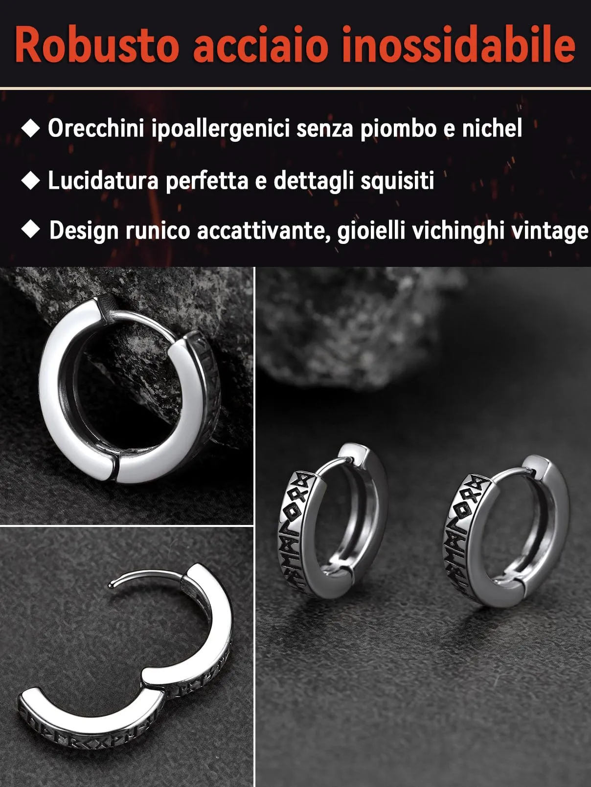 FaithHeart Orecchini Cerchio Rune Vichinghe e Celtiche in Acciaio Inox con Onice - immagine 3