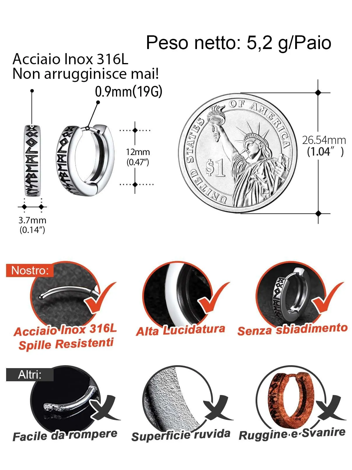 FaithHeart Orecchini Cerchio Rune Vichinghe e Celtiche in Acciaio Inox con Onice - immagine 4