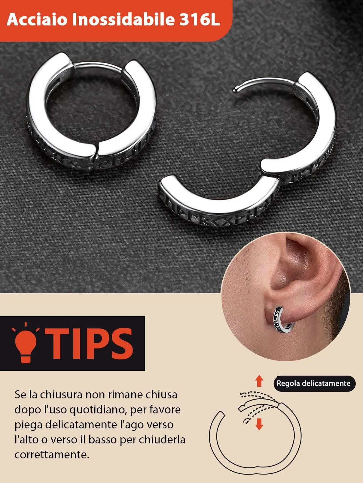 FaithHeart Orecchini Cerchio Rune Vichinghe e Celtiche in Acciaio Inox con Onice - immagine 5