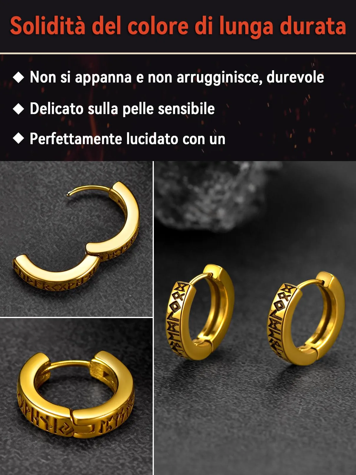FaithHeart Orecchini Cerchio Rune Vichinghe Celtiche in Acciaio Inox 316L con Onice - immagine 6