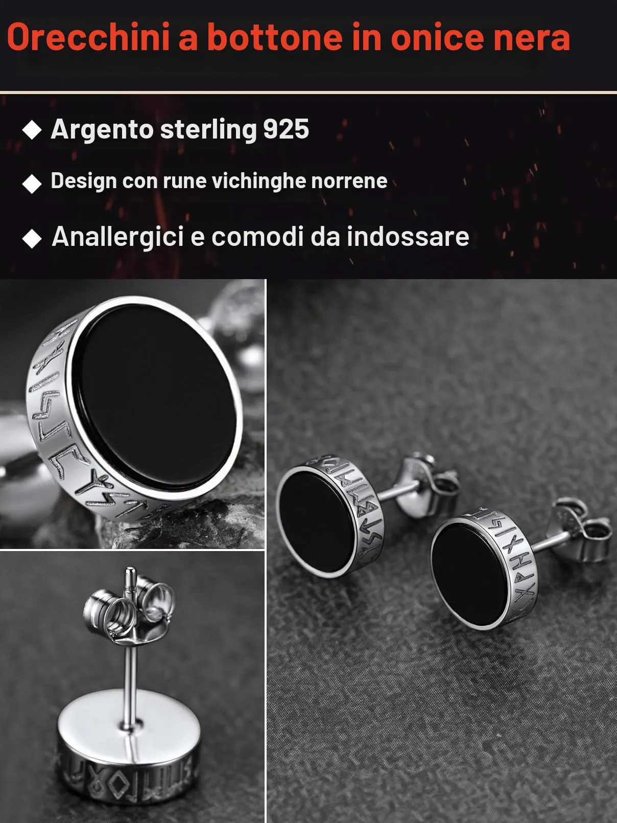 FaithHeart Orecchini Cerchio Rune Vichinghe e Celtiche in Argento 925 e Onice - immagine 4