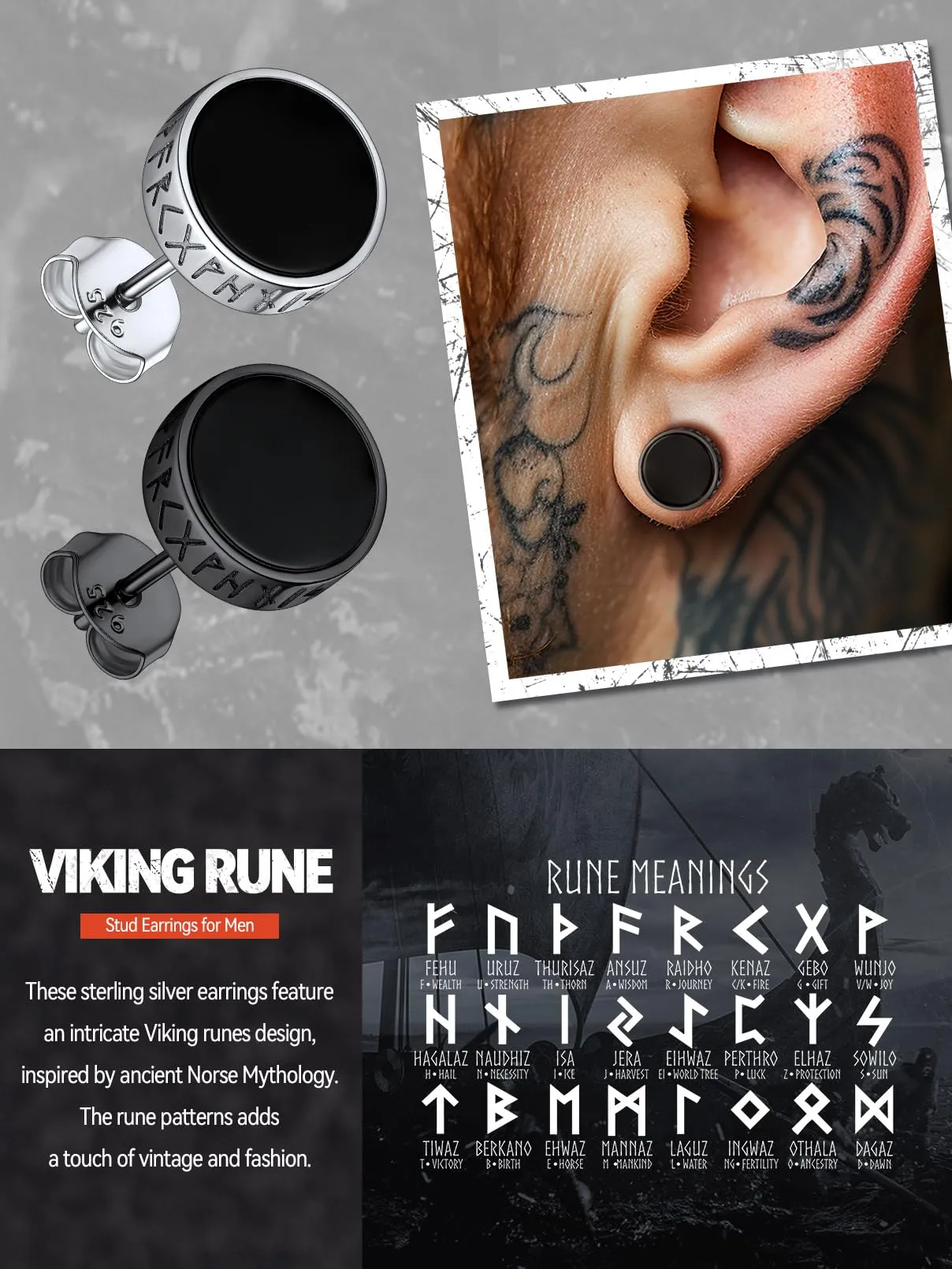 FaithHeart Orecchini Cerchio Rune Vichinghe e Celtiche in Argento 925 e Onice - immagine 5