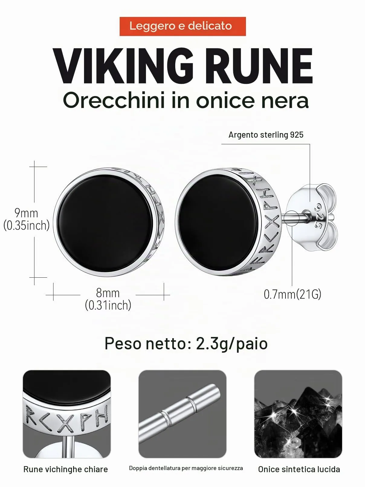 FaithHeart Orecchini Cerchio Rune Vichinghe e Celtiche in Argento 925 e Onice - immagine 6