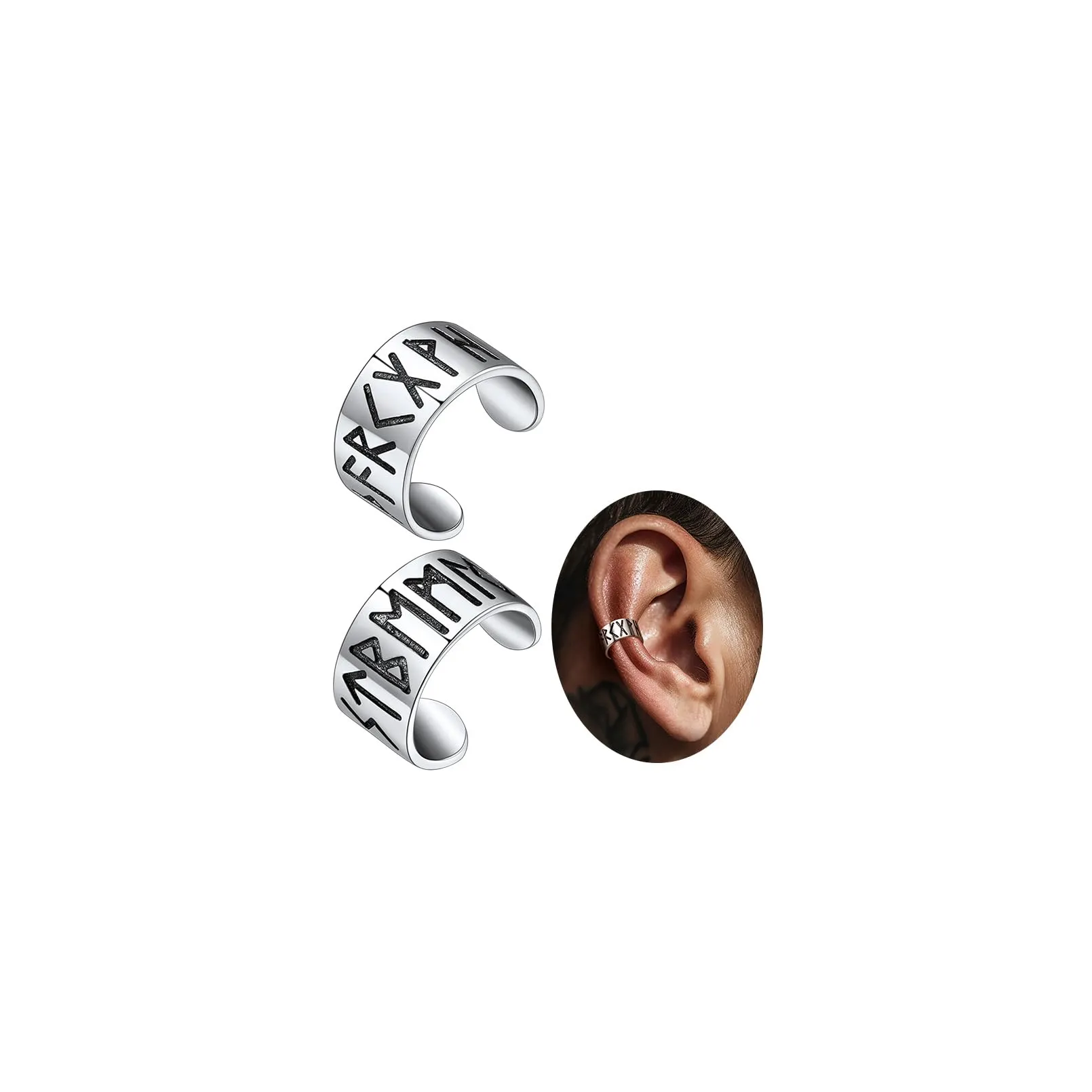 FaithHeart Orecchini Cerchio Rune Vichinghe e Celtiche in Argento 925 e Acciaio Inox con Onice - immagine 1