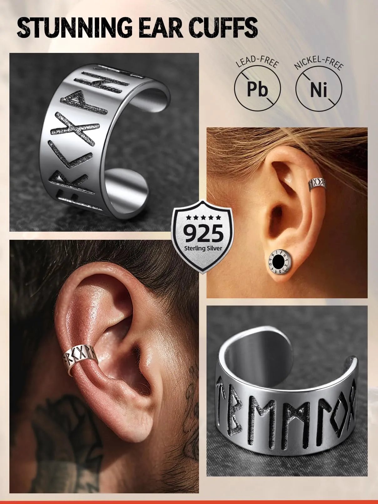FaithHeart Orecchini Cerchio Rune Vichinghe e Celtiche in Argento 925 e Acciaio Inox con Onice - immagine 4