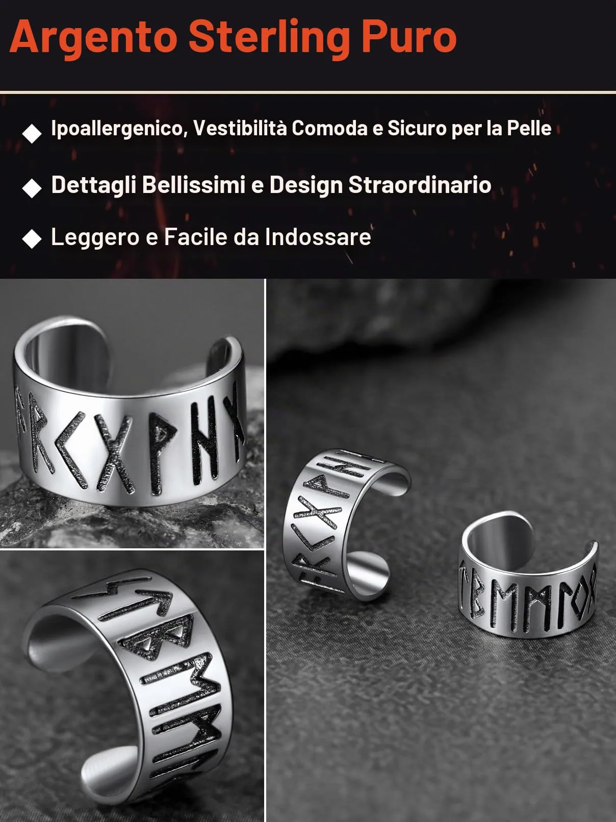 FaithHeart Orecchini Cerchio Rune Vichinghe e Celtiche in Argento 925 e Acciaio Inox con Onice - immagine 5