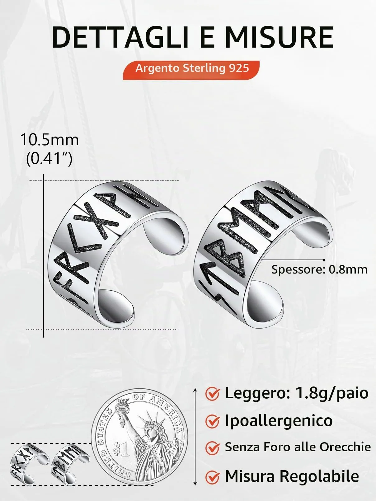 FaithHeart Orecchini Cerchio Rune Vichinghe e Celtiche in Argento 925 e Acciaio Inox con Onice - immagine 6