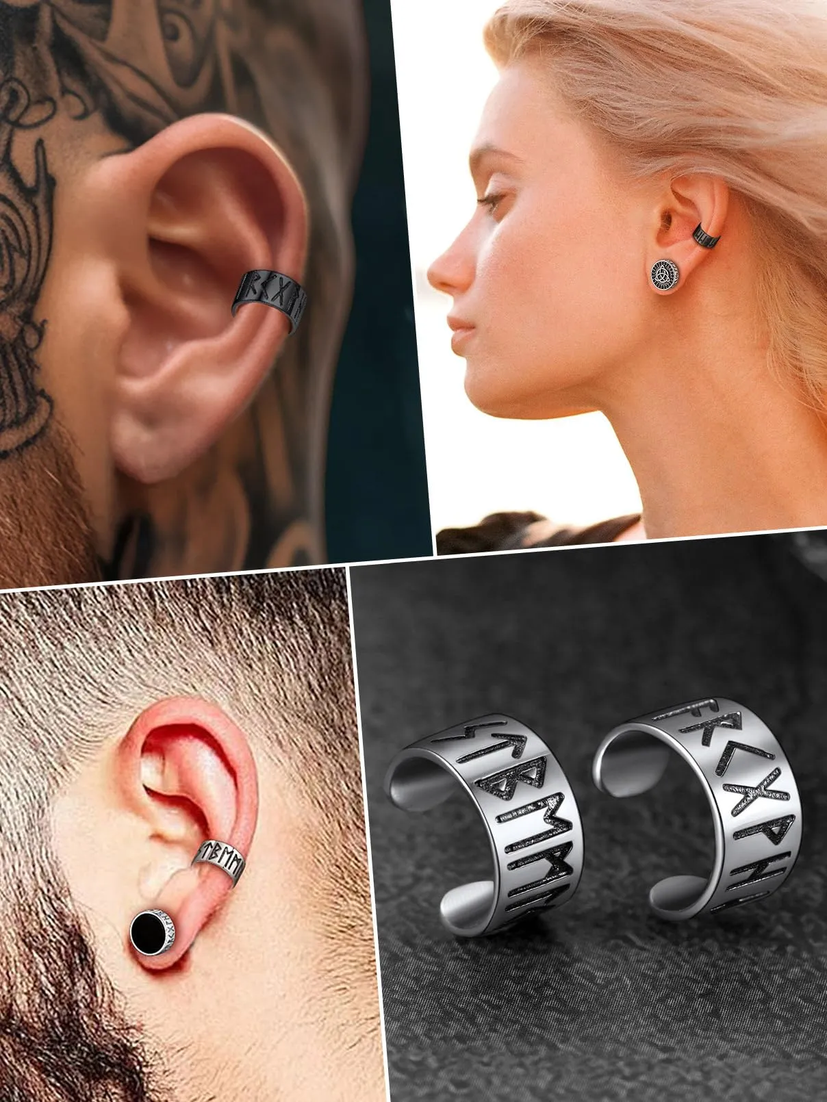 FaithHeart Orecchini Cerchio Rune Vichinghe e Celtiche in Argento 925 e Acciaio Inox con Onice - immagine 8
