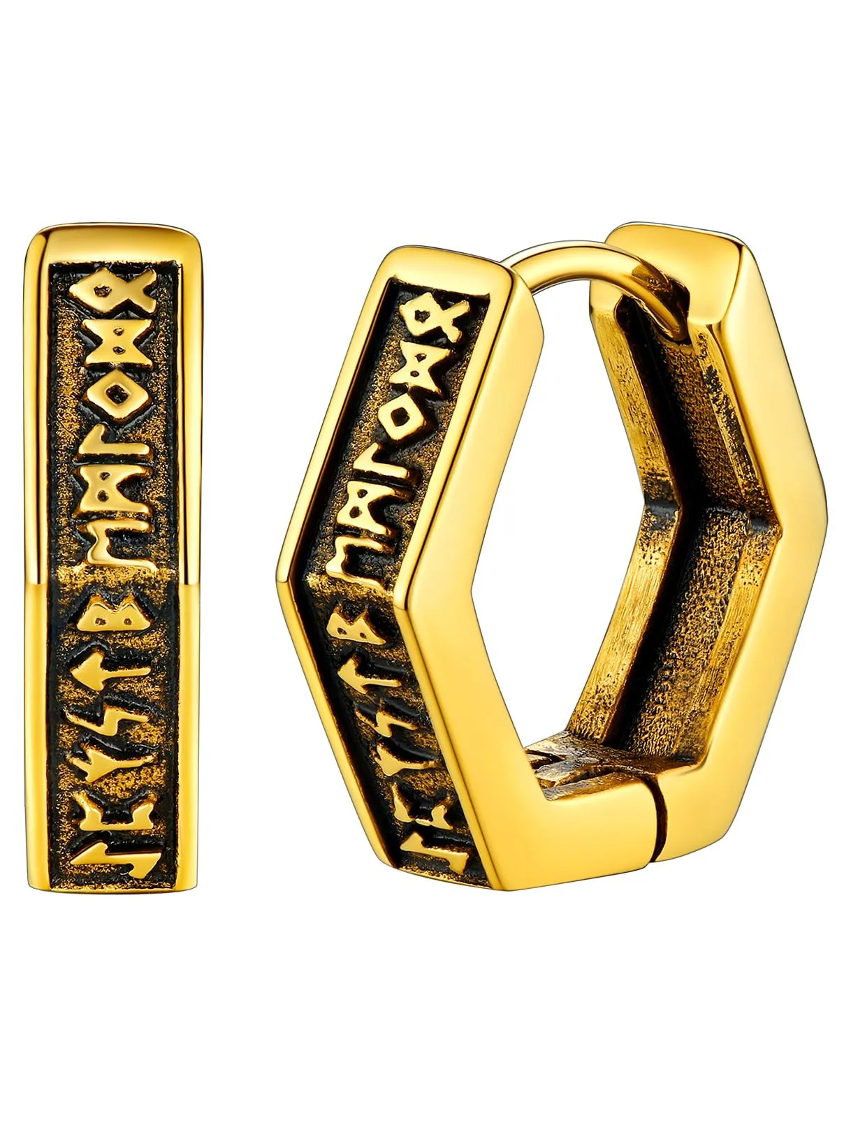 FaithHeart Orecchini Cerchio Rune Vichinghe e Celtiche in Acciaio Inossidabile con Onice - immagine 1