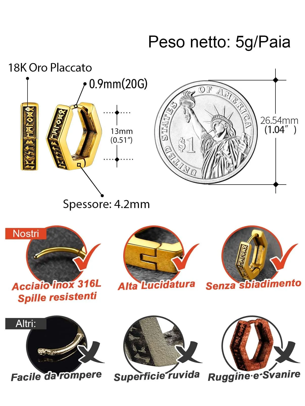 FaithHeart Orecchini Cerchio Rune Vichinghe e Celtiche in Acciaio Inossidabile con Onice - immagine 2
