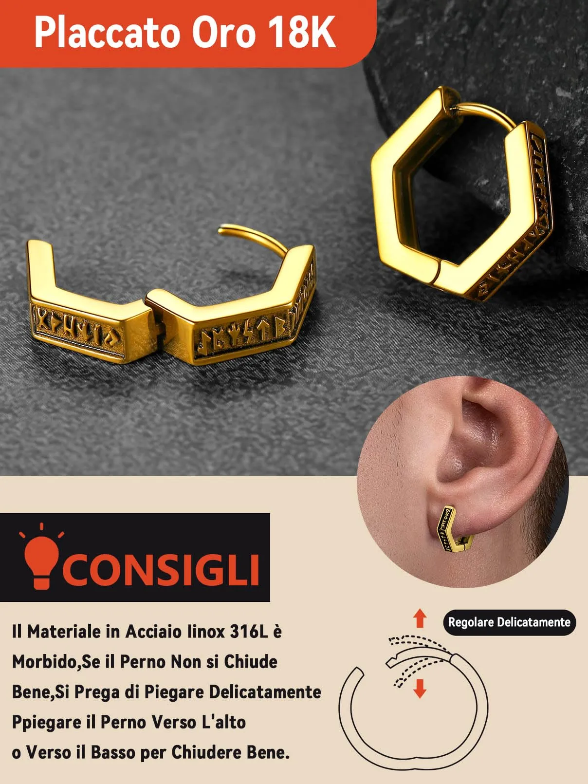 FaithHeart Orecchini Cerchio Rune Vichinghe e Celtiche in Acciaio Inossidabile con Onice - immagine 5