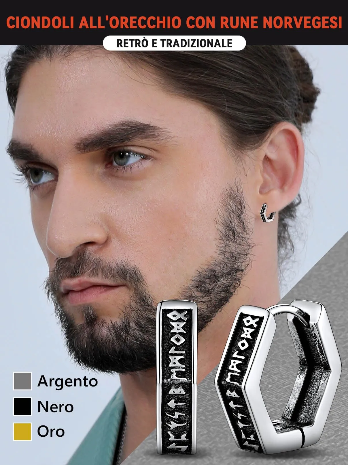 FaithHeart Orecchini Cerchio Rune Vichinghe e Celtiche in Acciaio Inox con Onice - immagine 3