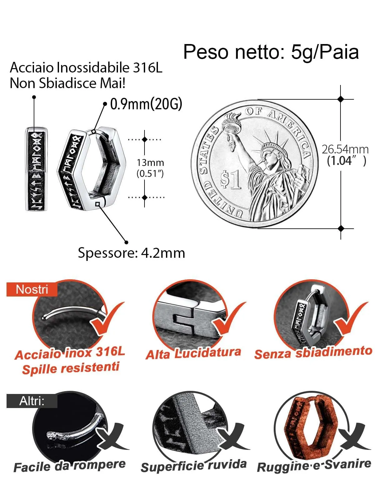 FaithHeart Orecchini Cerchio Rune Vichinghe e Celtiche in Acciaio Inox con Onice - immagine 4