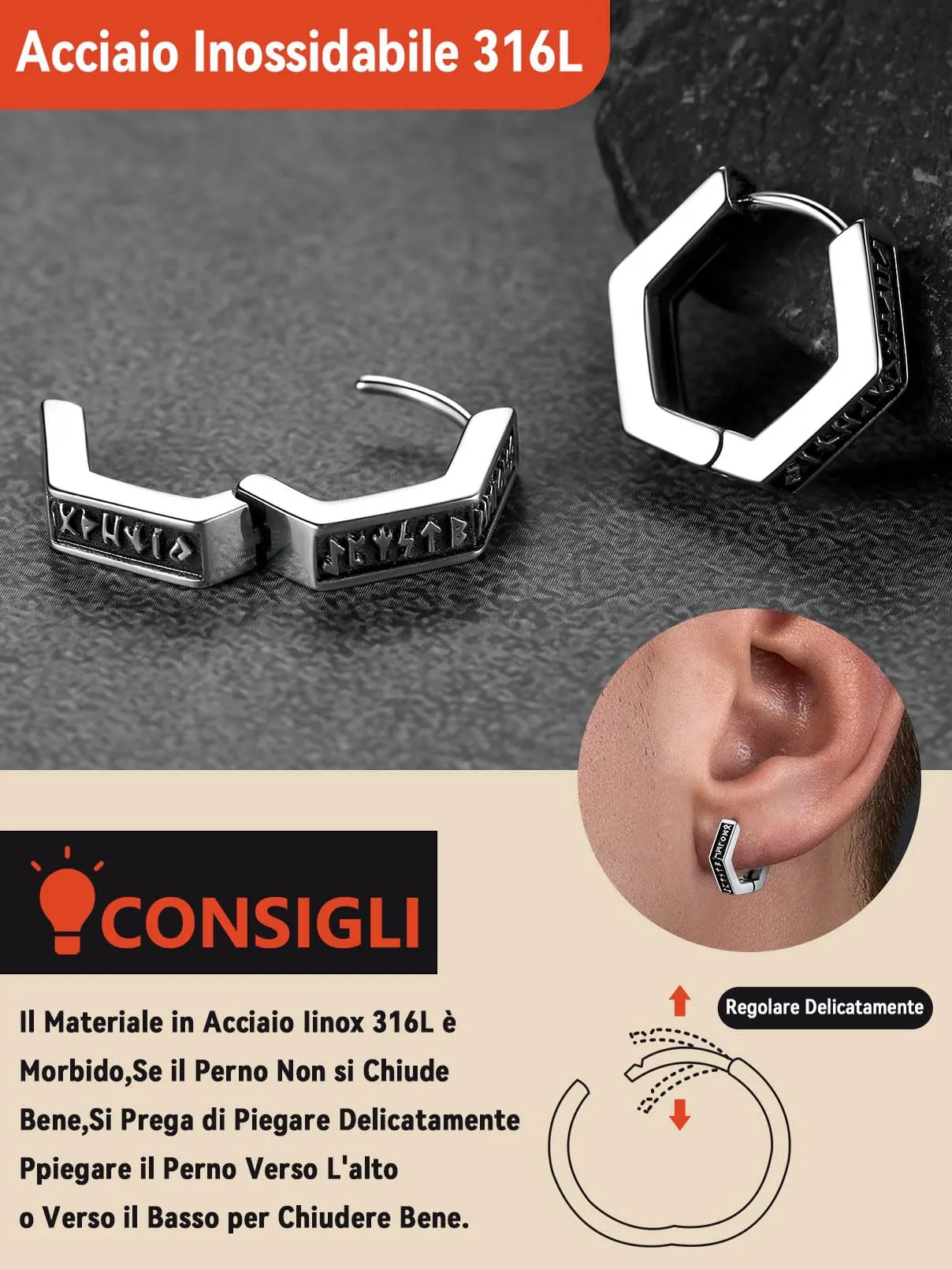 FaithHeart Orecchini Cerchio Rune Vichinghe e Celtiche in Acciaio Inox con Onice - immagine 6