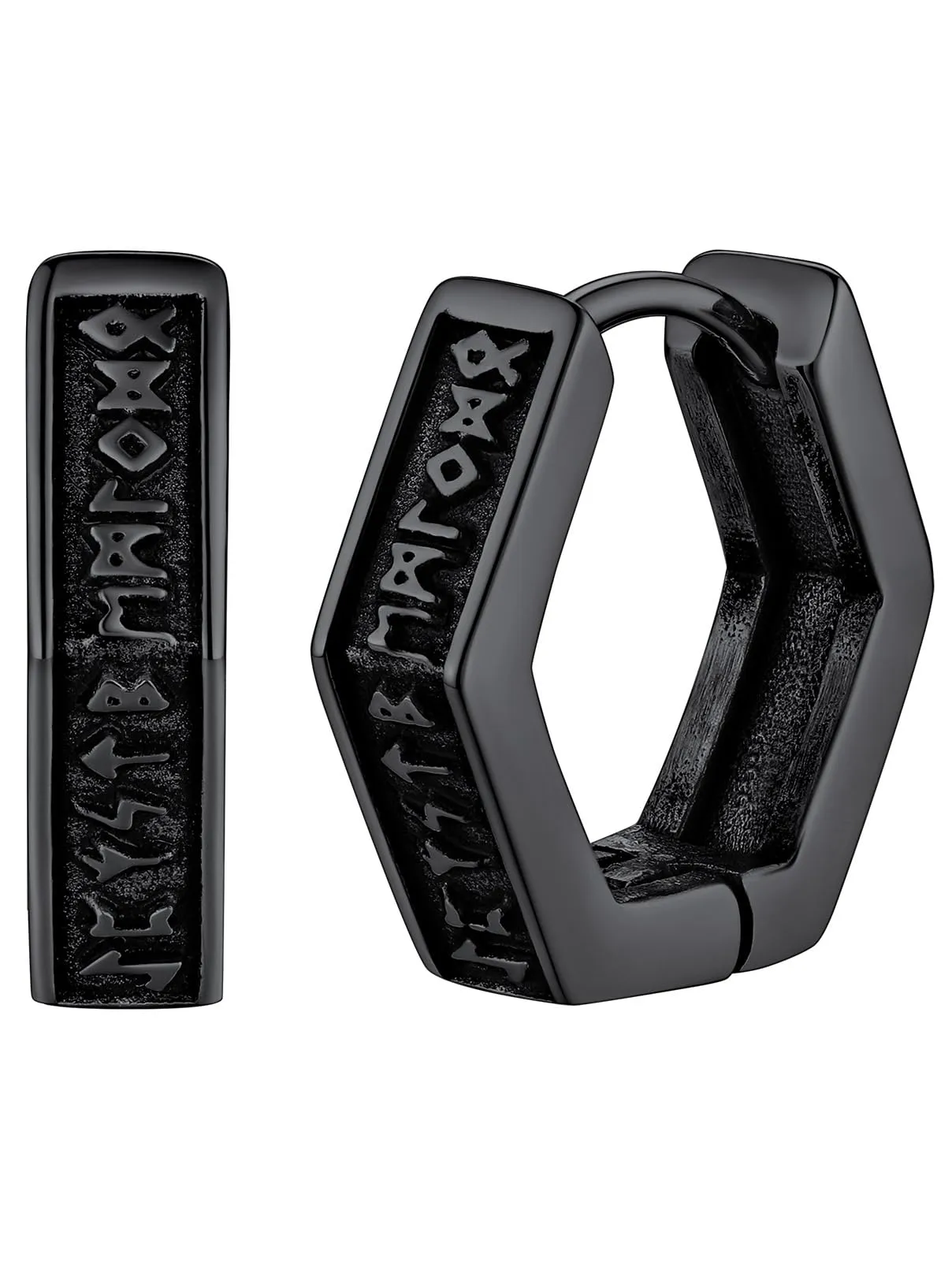 FaithHeart Orecchini Cerchio Rune Vichinghe e Celtiche in Acciaio Inox con Onice - immagine 1