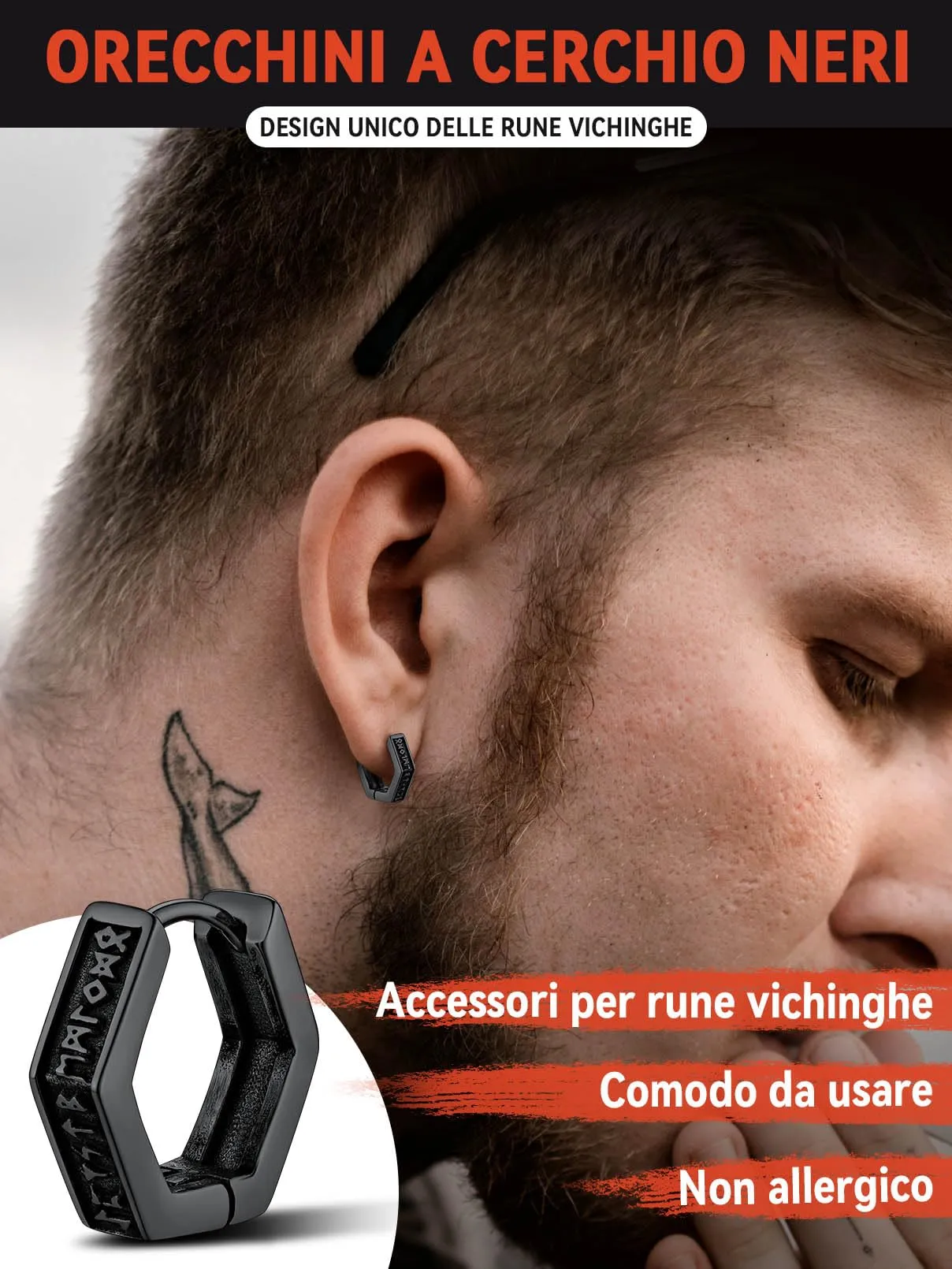 FaithHeart Orecchini Cerchio Rune Vichinghe e Celtiche in Acciaio Inox con Onice - immagine 2