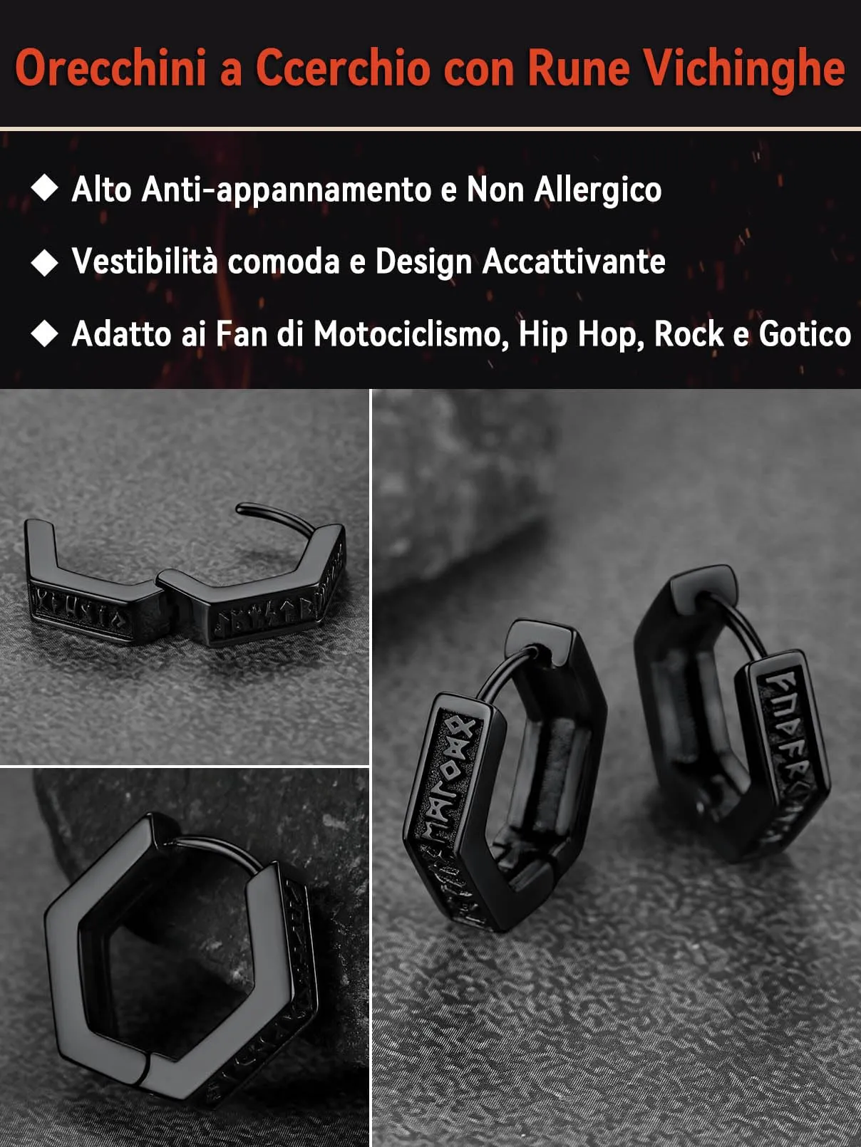 FaithHeart Orecchini Cerchio Rune Vichinghe e Celtiche in Acciaio Inox con Onice - immagine 3