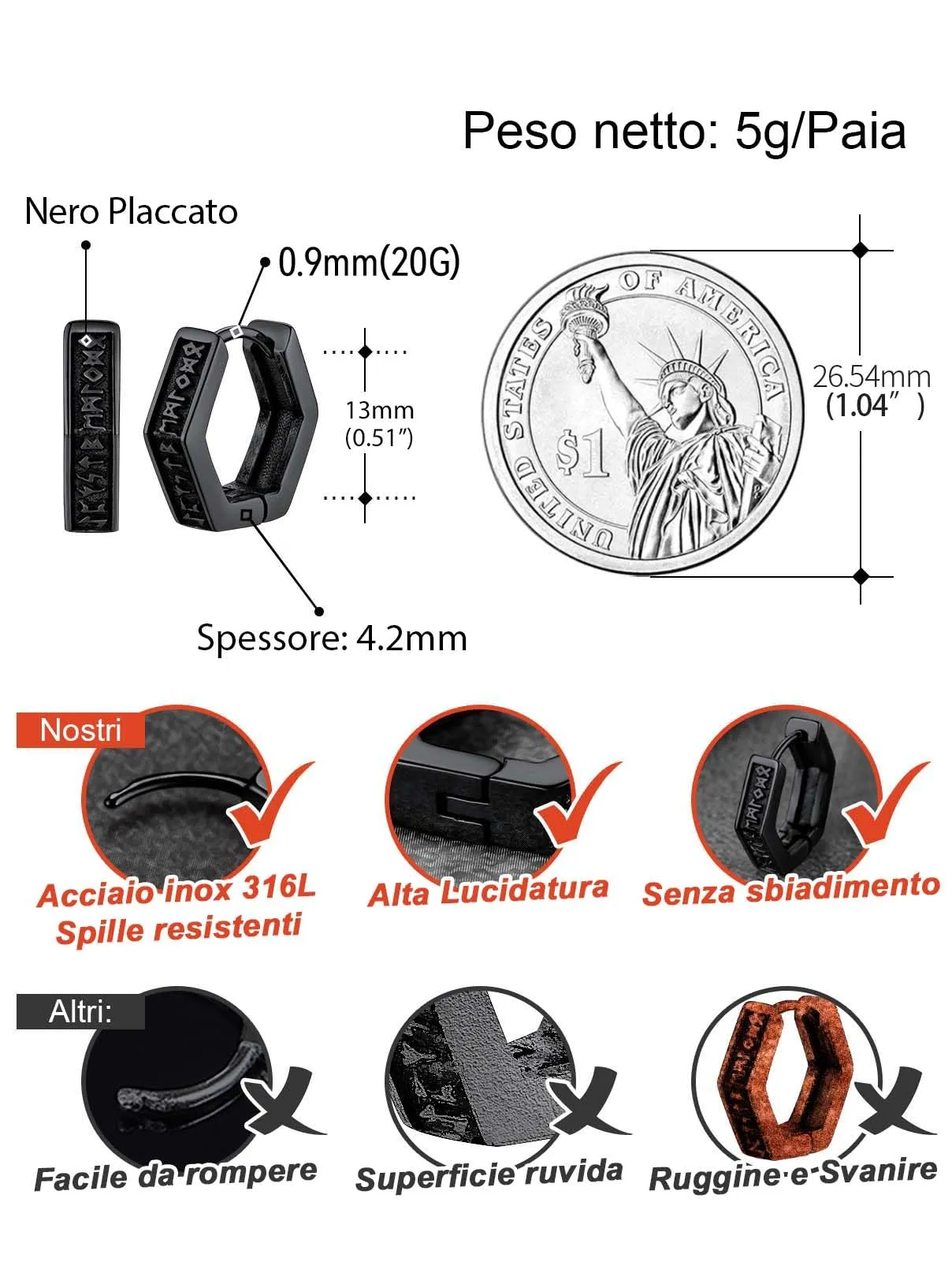 FaithHeart Orecchini Cerchio Rune Vichinghe e Celtiche in Acciaio Inox con Onice - immagine 4