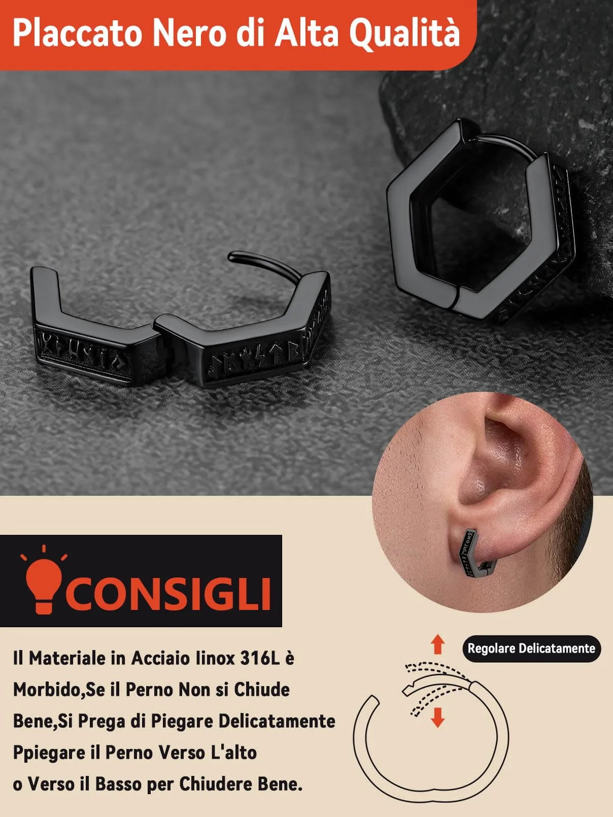 FaithHeart Orecchini Cerchio Rune Vichinghe e Celtiche in Acciaio Inox con Onice - immagine 6