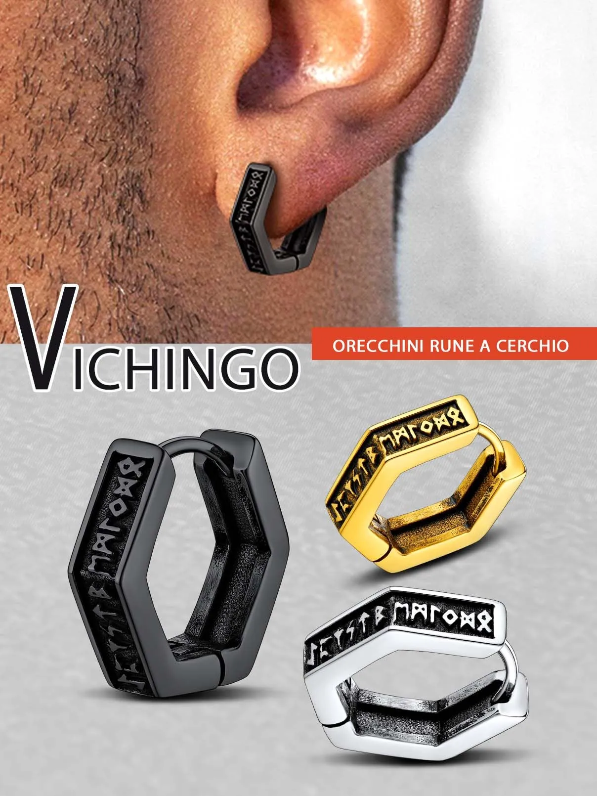 FaithHeart Orecchini Cerchio Rune Vichinghe e Celtiche in Acciaio Inox con Onice - immagine 7