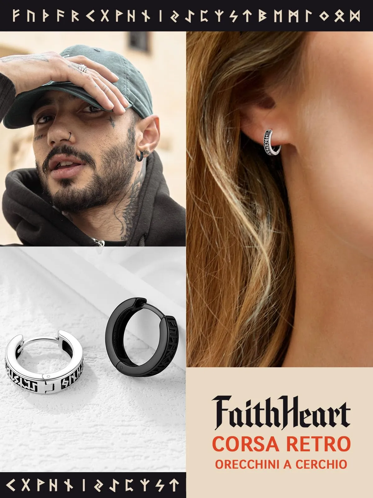 FaithHeart Orecchini Cerchio Rune Vichinghe e Celtiche con Onice, Argento 925 o Acciaio Inox, 10 mm - immagine 4